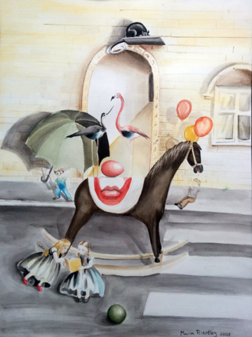 surreal painting clown horse balloons