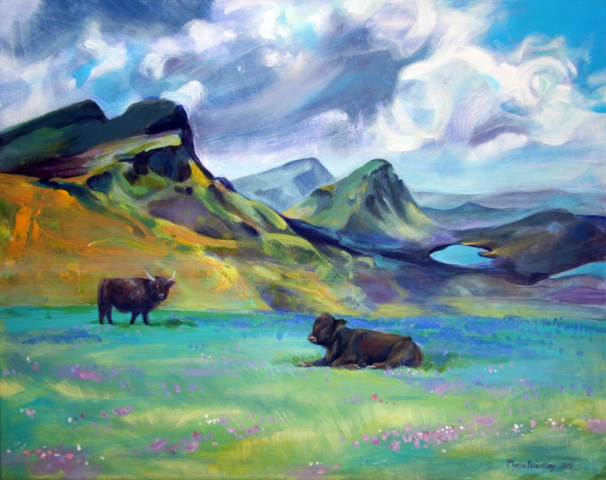 surreal painting cows mountains field