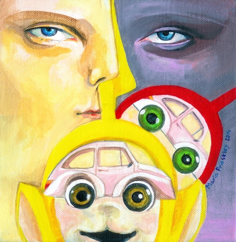 surreal painting teletubbies eyes faces cars